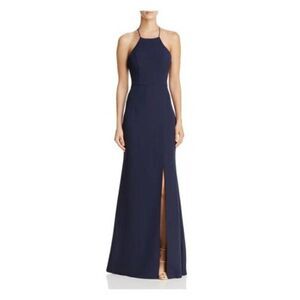 Bariano Navy Blue High-Neck Cross-Back Gown